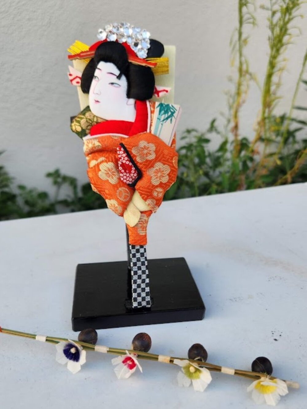 Vintage Japanese Japan Oshie Hagoita Decorative Wooden Paddle with Stand Asian F